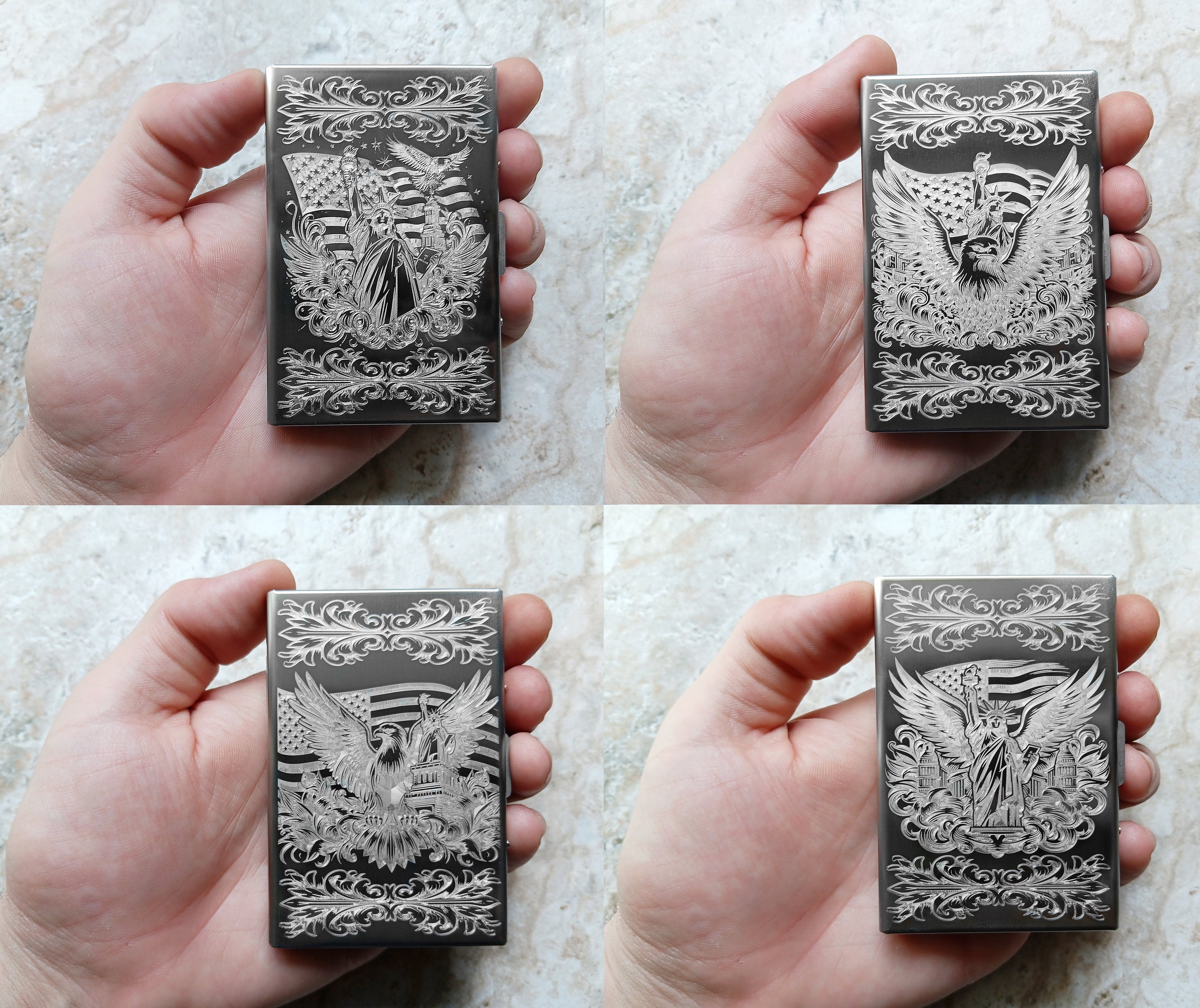 Top view in hand of the stainless steel engraved case walle